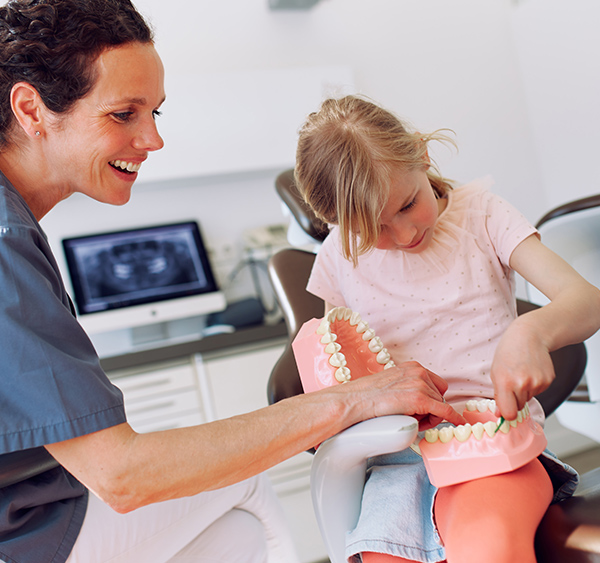 Sommer erklärt jungem Mädchen anhand eines großen Gebissmodels