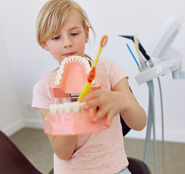 Mädchen mit großem Gebissmodell und Zahnbürste